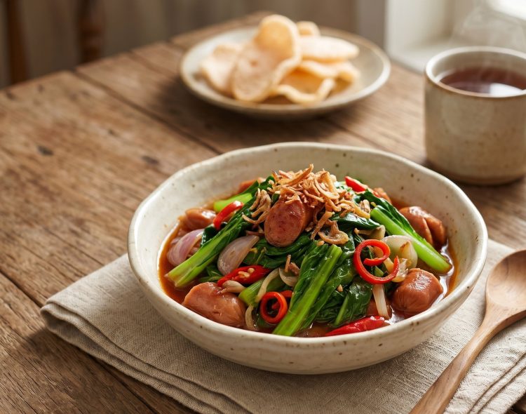 Hanya punya waktu 10 menit tapi ingin memasak sayur? Coba resep tumis sawi hijau dengan sosis manis pedas, yuk!