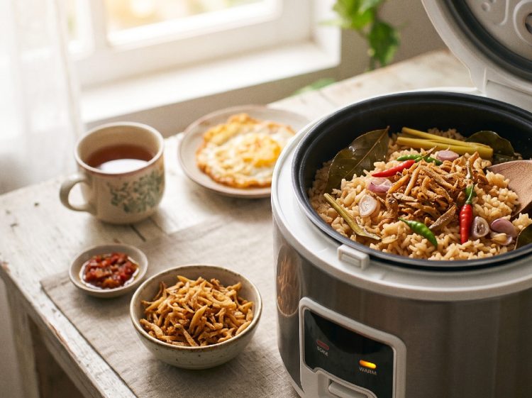 Resep nasi liwet ikan teri pedas menggunakan rice cooker, dimasak malam hari dan bisa langsung disantap